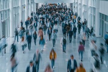 Obraz premium Blurred Crowd in Modern Office Hallway