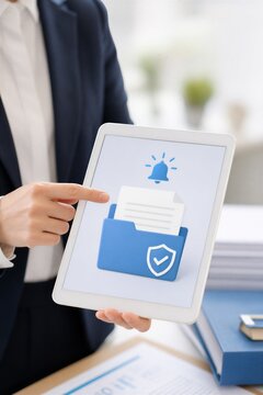 Business professional holding tablet with policy update notification, demonstrating corporate compliance, regulatory change, and digital documentation management.