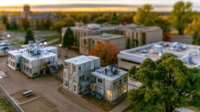 Tiny student housing units are placed next to a small campus scene during autumn with changing leaf colors and soft evening light.