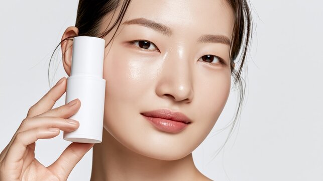 Korean model holding a face serum bottle with a blank label beside her face. Concept of skincare product mockup.