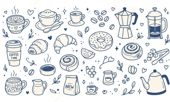 Hand-drawn coffee doodles and brewing illustrations set. Vector sketch icons of cups, beans, and brewing tools for branding.