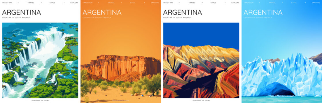 Argentina iconic landscapes travel poster collection of Iguazu Falls, Perito Moreno Glacier, colorful mountains and desert cliffs.  For stamps, background, icons, stickers and tourist advertisement.