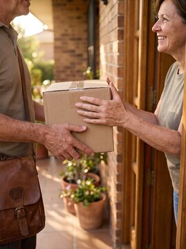 Delivery person hands a package to a smiling woman at her front door