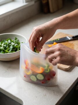 Hands placing cucumber slices into a reusable silicone bag filled with colorful vegetables for healthy meal prep