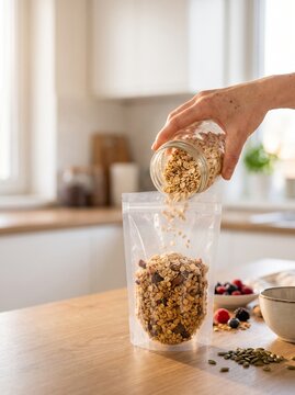 Hand pouring homemade granola from glass jar into resealable pouch with berries and seeds on wooden table