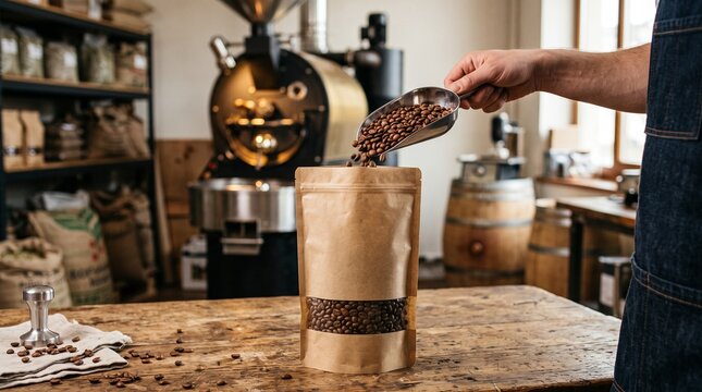 Barista scoops fresh roasted coffee beans into a kraft paper pouch in a roastery