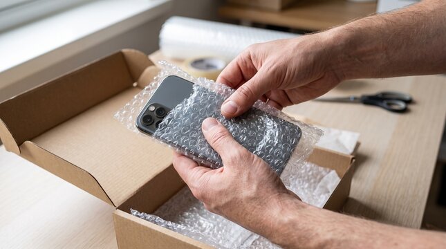Hands carefully wrapping a smartphone in bubble wrap before placing it into a cardboard shipping box for protection
