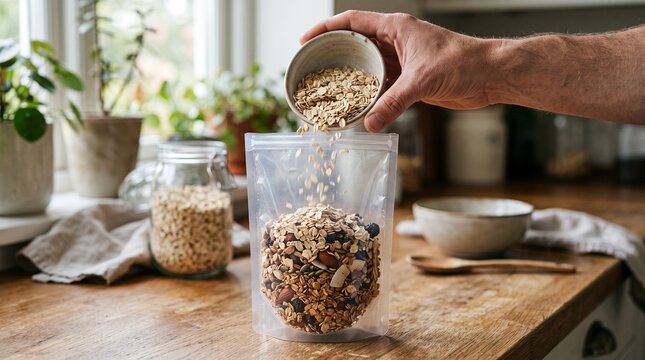 Hand pouring oats into a pouch filled with granola and nuts on a wooden kitchen counter