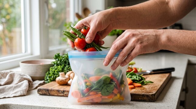 Hands placing fresh cherry tomatoes and green beans into a reusable silicone bag filled with chopped vegetables