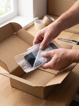 Hands carefully wrapping a smartphone in bubble wrap before placing it into a cardboard shipping box for delivery