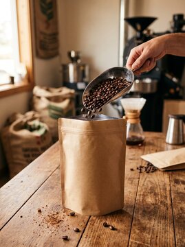 Barista pouring roasted coffee beans from a scoop into a brown paper pouch on a wooden table