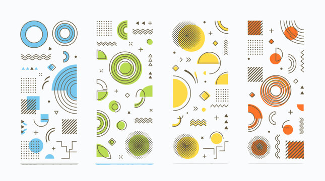 Vertical abstract Memphis banners with segmented circle patterns
