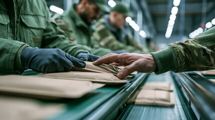 Fototapeta premium Military inspector checking a sealed field ration package on a conveyor belt. Concept of military ration quality control.