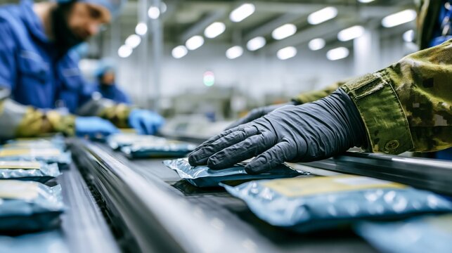 Military inspector checking a sealed field ration package on a conveyor belt. Concept of military ration quality control.