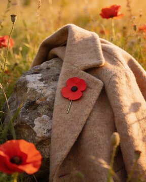 A rustic outdoor scene of a beige wool overcoat draped over a stone with a red paper poppy pin, resting in a sunlit meadow of blooming poppy flowers.