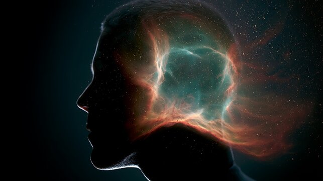 Prompt: A psychological conceptual shot. A sharp silhouette profile is double-exposed with a dramatic landscape of the Dumbbell planetary nebula, its green and red glowing gas shell expanding 