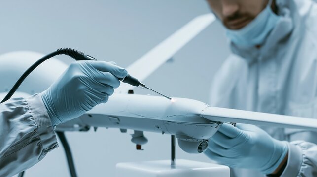 Military quality inspector examining a drone fuselage with a probe light on a clean stand. Concept of military drone quality inspection.