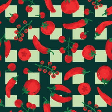 Hand drawn Tomatoes and Peppers with scribbled green check background. Random placed, vector vegetables aop, all over surface print.