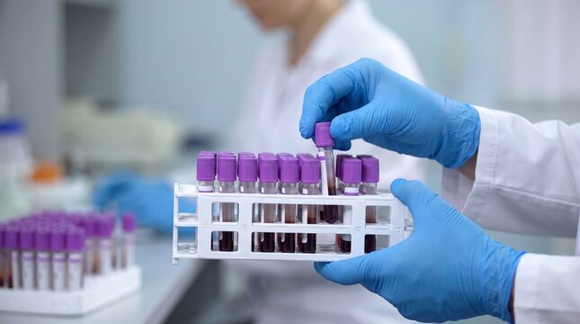 Lab technician hands in blue gloves holding rack of blood sample tubes with purple EDTA caps. Photorealistic concept of hematology test, clinical laboratory, and blood analysis.