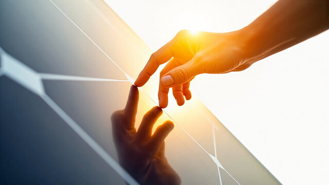A human hand gently touches a solar panel during sunset with warm golden light casting soft shadows on clean white background