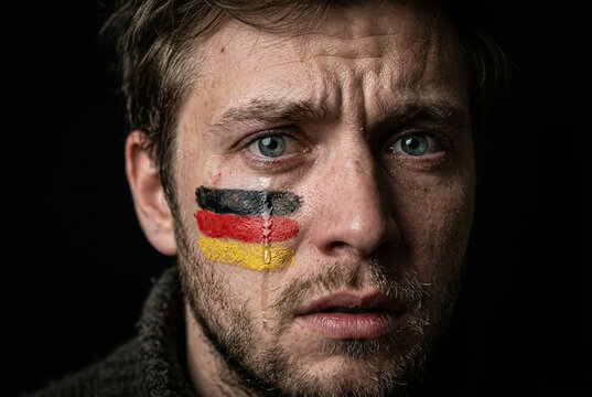 Emotional close-up portrait of a man with German flag painted on his cheek, showing tears and distress. Dramatic lighting highlights patriotism, sadness, and powerful human expression.