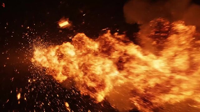 Horizontal Intense Orange and Yellow Fire Jet Stream on Dark Background Cinematic Flame Burst Energy Effect