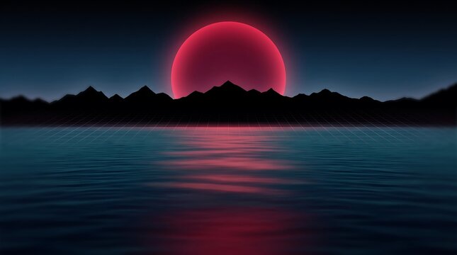Red sun rising behind dark mountains above a calm lake surface at night in a synthwave retro style digital landscape illustration