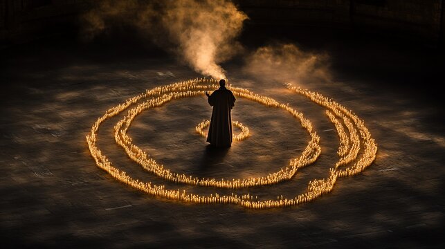A figure, in robes, stands within concentric candle circles, smoke rising