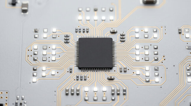 top view close up of white electronic circuit board with cpu microchip bright glowing led pads and gold traces