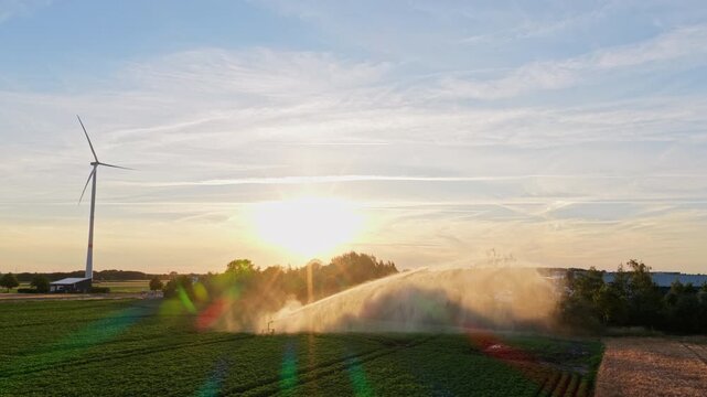 Sprinkler irrigation system watering field. Wind mill for renewable electric energy production. Irrigation system and windmill in rural area. Agriculture irrigation. Cultivation and harvest