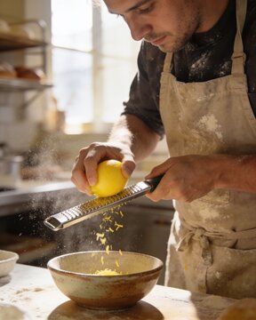 A professional chef wearing an apron covered in flour grates a fresh yellow lemon using a metal microplane grater, creating flying zest over a bowl.