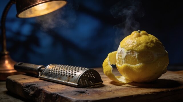 A warm, cozy image of a partially peeled yellow lemon releasing steam next to a vintage metal grater on a wooden cutting board under a glowing lamp.