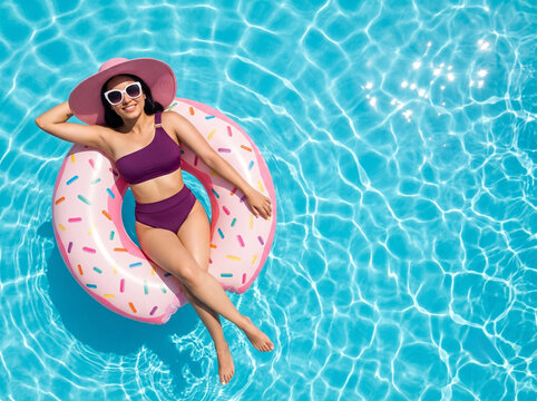 young attractive indian woman relaxing on pink donut pool float in deep plum purple bikini viewed from above with luxury resort swimming pool and copy space