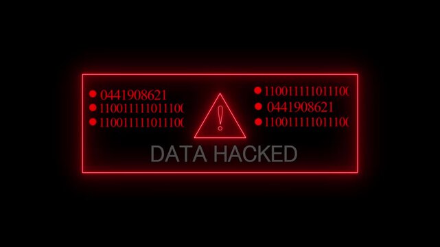 DATA hack security breach computer hacking warning message hacked alert. Motion graphics of online data scam detect symbol