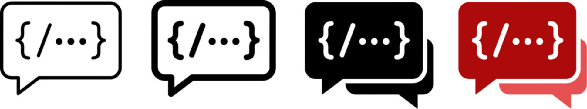 Minimalist coding icons set, flat vector programming speech bubbles, software development symbols in black and red, web design elements for developers Ediable path.