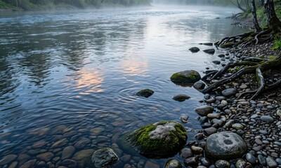Obraz premium Tranquil riverbank with moss-covered rocks at sunrise. Peaceful natural water scene with soft morning light and serene reflections.