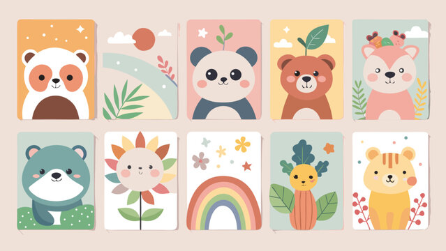Cute Nursery Wall Art Cards Vector Set with Adorable Cartoon Animals and Pastel Scandinavian Baby Room Decor