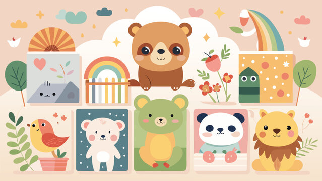 Cute Nursery Wall Art Cards Vector Set with Adorable Cartoon Animals and Pastel Scandinavian Baby Room Decor
