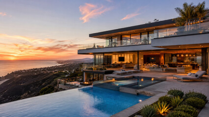 Fototapeta premium Luxury Coastal Villa with Infinity Pool at Sunset