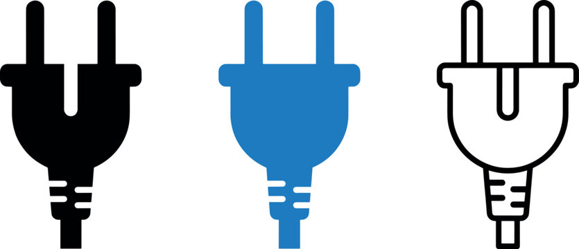 Electrical plug icons in black blue and outline on white background