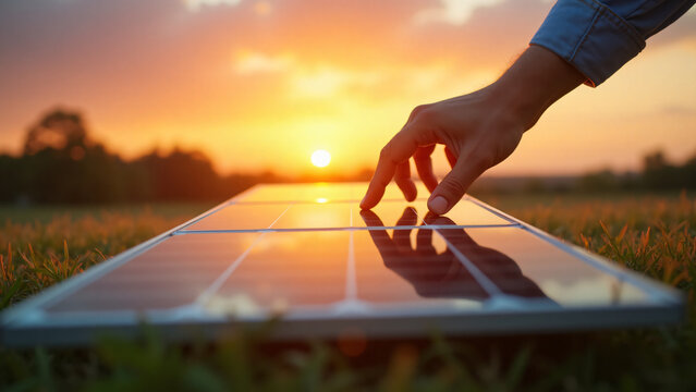 A hand gently touches a solar panel at sunset on an open field with warm sky and soft lighting