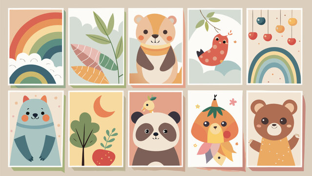 Cute Nursery Wall Art Cards Vector Set with Adorable Cartoon Animals and Pastel Scandinavian Baby Room Decor