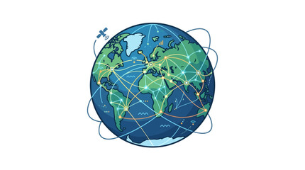Corporate Global Network Map with Satellite and Flight Paths Vibrant World Map with Connecting Lines and Icons © samsul Muarif