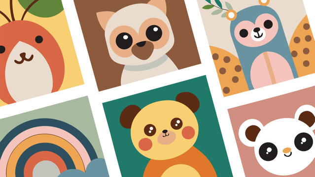 Cute Nursery Wall Art Cards Vector Set with Adorable Cartoon Animals and Pastel Scandinavian Baby Room Decor