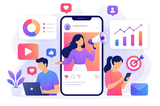 Modern social media marketing concept with smartphone interface, content creation, influencer marketing, digital advertising, notification icons, engagement analytics, minimalist flat illustration, br