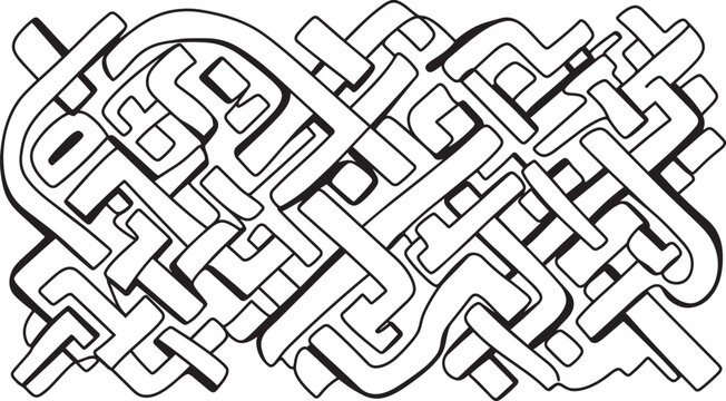 Black and white abstract tangled labyrinth maze paths vector background pattern