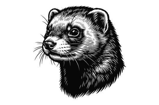 Engraved illustration of a ferret head profile with mustelid wildlife portrait