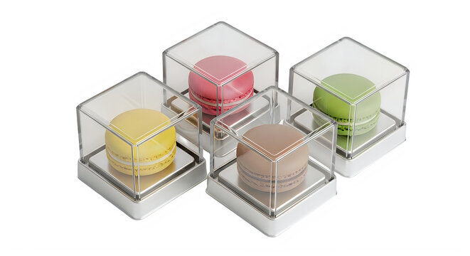 Colorful macarons in individual clear plastic display boxes isolated on transparent background, illustration