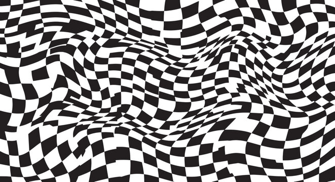 Black and white abstract warped checkered wavy grid vector background pattern