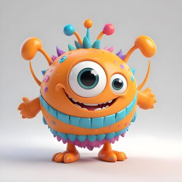 Modello 3D di un simpatico mostro arancione con grandi occhi, un ampio sorriso e antenne colorate sulla testa, in piedi su uno sfondo bianco uniforme